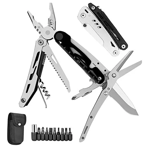 Produktbild: HONZIN Multitool Zange 12-in-1 Edelstahl Multitool, Abnehmbare Klappschere, Klappbare Multifunktionszange, mit 9 Schraubendreher-Bits und Nylonscheide, ideal für Outdoor Camping