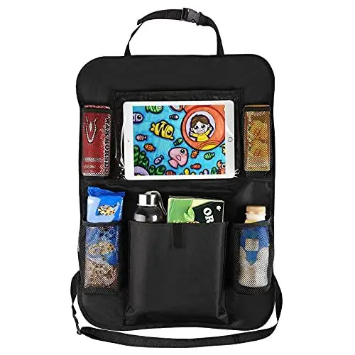 Produktbild: HONZUEN Auto Rückenlehnenschutz Rücksitz Organizer für Kinder, 600D Oxford Stoff Wasserdicht Pflegeleicht Autositzschoner mit 10 Zoll Tablet-Tasche 6 Taschen, Auto Organizer Rücksitzschoner