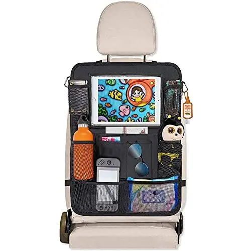 Produktbild: HONZUEN Auto Rückenlehnenschutz Rücksitz Organizer für Kinder, 600D Oxford Stoff Wasserdicht Pflegeleicht Autositzschoner mit 10 Zoll Tablet-Tasche, Auto Organizer Rücksitzschoner für Autositze