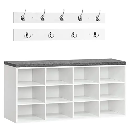 Produktbild: HOOBRO Garderobe Schuhregal Set, Schuhbank mit 12 Fächern, Schuhregal mit gepolsterter Sitzbank, Wandgarderobe mit 9 Haken, Schuhschrank für Flur, Eingangsbereich, Schlafzimmer weiß EWT112HX01