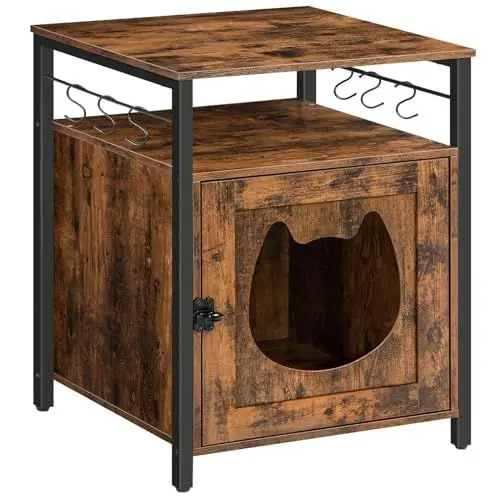 Produktbild: HOOBRO Katzenklo Schrank, Katzenschrank für Katzentoilette und Kleine Katzen Holz, Katzenschrank Katzenhaus mit 6 Haken, für Wohnzimmer, 50 x 50 x 66 cm, Dunkelbraun EBF05MW01