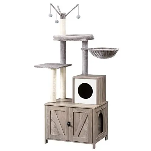 Produktbild: HOOBRO Kratzbaum mit Katzenklo-Schrank, 2-in-1 Katzenbaum, 150 cm, versteckte Katzentoilettenmöbel, Schrank für Katzentoilette, mit Sisalstämmen, abnehmbare Plüschball-Stange, Greige EBG15MZ03