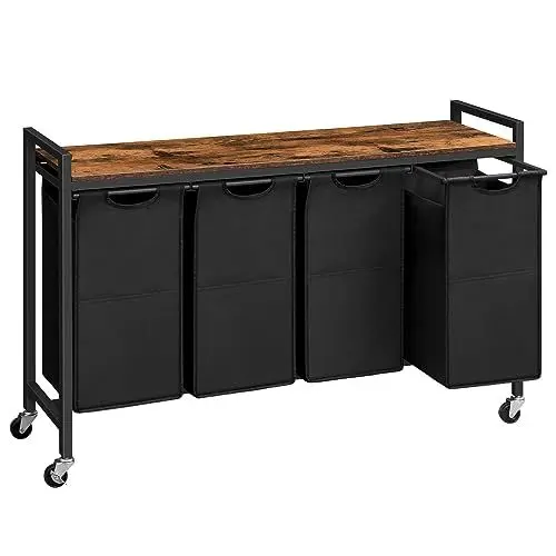 Produktbild: HOOBRO Wäschekorb 4 Fächer, Wäschesammler mit Ablage, Wäschebox, Wäschewagen mit Rollen, 4 x 39,8 L, Wäschesack aus Oxford-Gewebe, Vintagebraun-Schwarz EBF04XY01