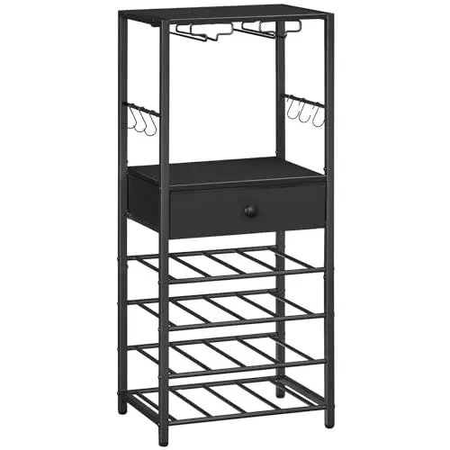 Produktbild: HOOBRO Weinregal, 6-Lagiges Freistehendes Weinregal mit Schublade, 16 Flaschen Weinregal mit Glashalter, Weinflaschenregal und Haken, Countertop Weinregal, Schwarz EBB10JJ01
