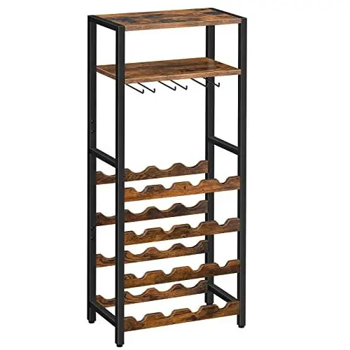 Produktbild: HOOBRO Weinregal, Flaschenregal für 16 Flaschen Wein, freistehendes Weinregal mit Tischplatte und Weinglashalter, für Küche, Bar, Restaurant usw, Dunkelbraun-Schwarz EBF04JJ01