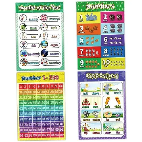 Produktbild: HOODANCOS 12 Stücke Vorschule Pädagogisches Poster Klassenzimmer Decor Set Synthetische Papier Cartoon Tier Englisch Lernen Charts