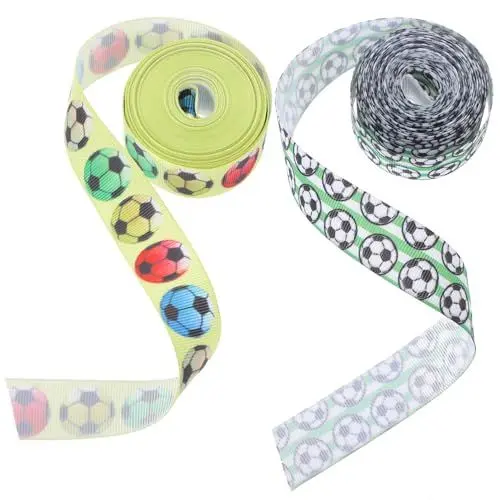 Produktbild: HOODANCOS Ornament 2 Rollen Fußball-Ripsband Sport-Geschenkband Fußball-Drahtkantenband Polyester-Sackleinenband Für Diy-Haarschleifen Basteln Hochzeitsdekoration Schleife