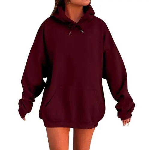 Produktbild: Hoodie Damen Oversize Kapuzenpullover Modische Hoodies & Sweatshirts Casual Pullover Solid Langarm Sweatjacke Baggy Pulli Sport Oberteile Mit Tasche Tops Kuschelig Streetwear Rot 3XL