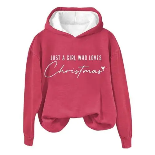 Produktbild: Hoodie Damen Pullover Oversize Modische Hoodies & Sweatshirts Just A Girl Who Loves Christmas Kapuzenpullover Sweatshirt mit Kapuze Bedrucken Kapuzenpulli Kuschel Tops Weich Sweatjacke