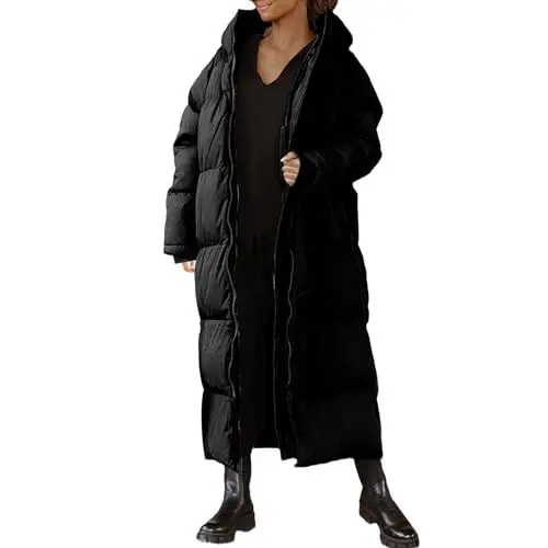 Produktbild: Outdoorjacken Damen Wasserdicht Lange Pufferjacke für Damen, langärmelige Kapuzenpullover, Daunenmäntel mit durchgehendem Reißverschluss, verdickte Nässeschutzjacke Trendcoat Damen Mantel (Black, M)