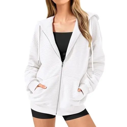 Produktbild: Hoodie Damen Solid Weiches Rippstrick-Design Kapuzenpullover Frauen Baumwolle Long Loose Fit Freizeit Sport Reißverschluss Jacke