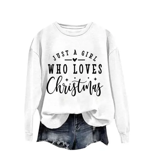 Produktbild: Hoodie Damen Zipper Hoodie Damen Zipper Weihnachts-Sweatshirt für Damen mit Aufdruck „Just A Girl Who Loves Christmas“, modisch, lässig, Pullover Zipper Damen Pullover Zipper Damen (White, XL)
