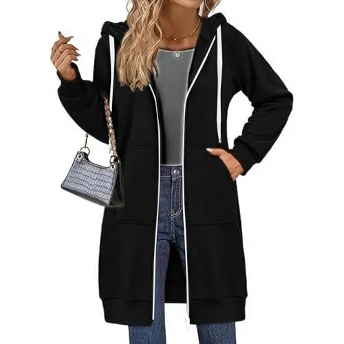 Produktbild: Hoodie Jacke Damen Lang Oversize Strickjacke Zip Up Sweatjacke Einfarbig Kapuzenpullover Langarm Manteljacke Outwear Herbst Winterjacke Übergangsjacke Warm Cardigan Mit Taschen Und Kordelzug Black XXL