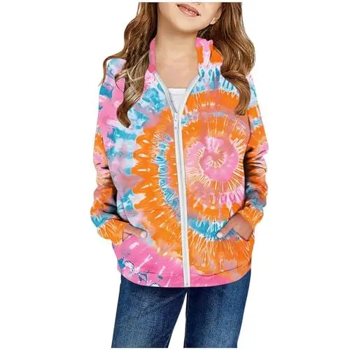 Produktbild: Hoodie Mädchen Mäntel Kinder Kapuzenpullover Batik Herbstjacke Sweatshirt Übergangsjacke Klamotten Kleidung Regular Bekleidung Jungen Long Sleeve Top Warm Oberteile Sale Angebote Orange, 13 Jahre