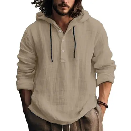 Produktbild: Hoodie Ohne Kapuze Herren Baumwoll Leinen Hoodies Für Herren Lässige Hoodies Mit Kordelzug Langarm Sweatshirts Mit Knopfleiste Einfarbige Pullover Bequeme Oberteile Beige M