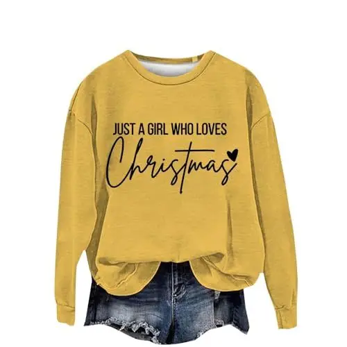 Produktbild: Hoodies Teenager Mädchen Hoodies Teenager Mädchen Weihnachts-Sweatshirt für Damen mit Aufdruck „Just A Girl Who Loves Christmas“, modisch, lässig, Oversize+Pullover+Damen (Yellow, S)
