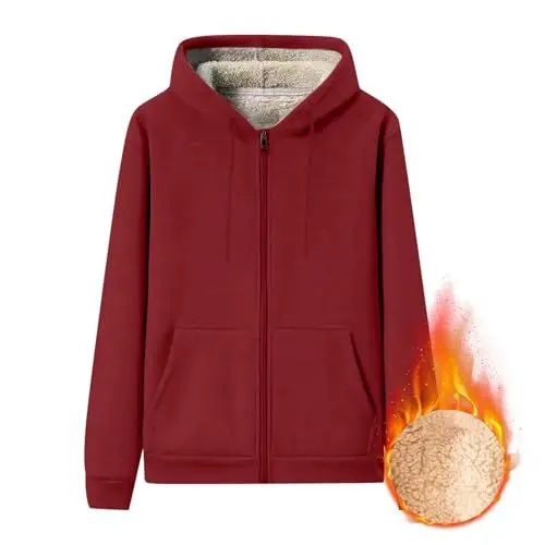 Produktbild: Hoody Freizeit Herren Kapuzenmantel Winter Warmer Lange Ärmel Sweatjacke Pelz Gefüttert Soft Weich Sweatshirt mit Reißverschluss Taschen Hoodies Basic Overzised Einfarbige Sweater Rot M