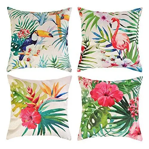 Produktbild: Hoomall Kissenbezug Baumwolle Leinen Kissenhülle Dekokissen Fall Sofa Auto Kissenbezüge 45 x 45 cm 4er Set Flamingo Weihnachten (Grün)