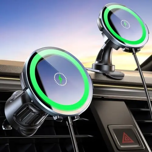 Produktbild: Hoonyer 9W Mag-Safe Kfz-Halterung mit Ladefunktion für iPhone, 15W Magnetisches Wireless-Ladegerät für Android-Smartphones, Kompatibel mit Lüftungsschlitz- und Armaturenbrett-Haltern.