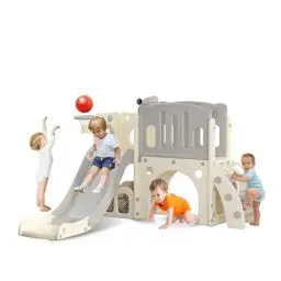 Produktbild: hoopyosms Kinder Rutsche mit Klettergerüst, Basketballkorb und Tunnel, Indoor-Kunststoffrutschenset für Kinder, Montessori-Spielzeug für den Spielplatz, Grau