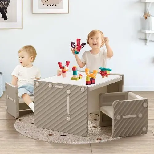 Produktbild: hoopyosms Tisch- und Stuhlset für Kinder Kunststofftisch für Kleinkinder mit 2 Stühlen Kinder-Montessori-Möbelset Aktivitätstisch mit Hockern für Vorschulkinder (Khaki)