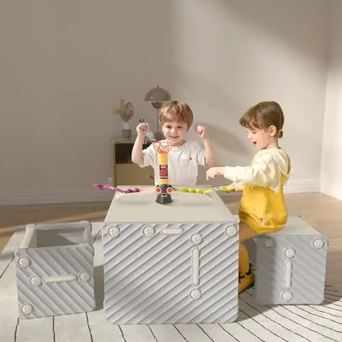 Produktbild: hoopyosms Tisch- und Stuhlset für Kinder Kunststofftisch für Kleinkinder mit 2 Stühlen Kinder-Montessori-Möbelset Aktivitätstisch mit Hockern für Vorschulkinder (Grau)