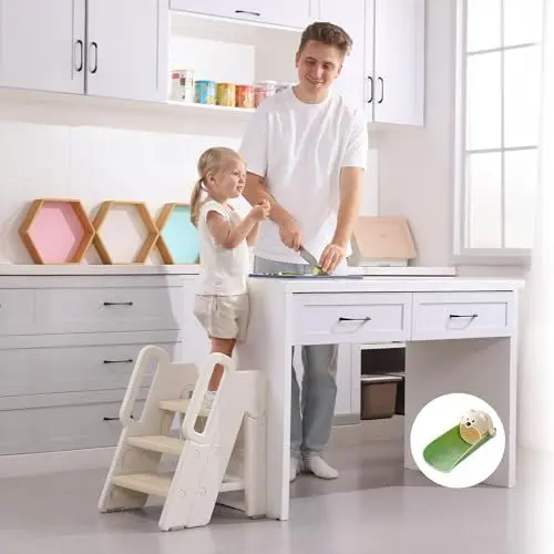 Produktbild: hoopyosms Tritthocker für Kinder, 2/3-Stufig Höhenverstellbar, Faltbarer Kinderschemel mit Handläufen, Anti-Rutsch, Ideal für Bad und Küche, Trittleiter für Kleinkinder (Khaki)