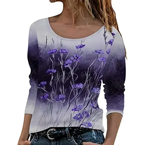 Produktbild: HOOUDO Bluse Damen Langarm und Blumendruck für Damen Blaue Latzhose Damen (Purple, XL)