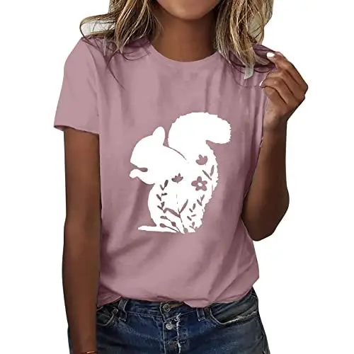Produktbild: HOOUDO Damen Blusen Damen Loose Fit T-Shirts Kurzarm Sommer Tops Lässige süße Eichhörnchen Grafik T-Shirts Tops Schulterfreies Oberteil