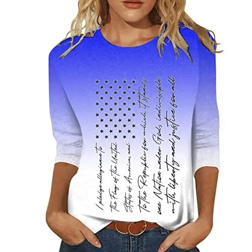 Produktbild: HOOUDO Damen Blusen Fourth of July Shirt Damen Passende 3/4 Ärmel Independence Day Shirts Passende Sommer Tops Rundhals Shirts es Oberteil
