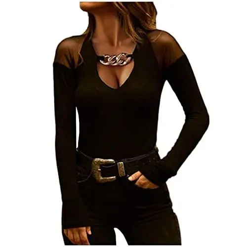 Produktbild: HOOUDO Damen Langarm Oberteil Ärmel Spitzenbluse Lässige T-Shirt Hals Mode Damenbluse Raver Outfit Damen (Black, XXL)