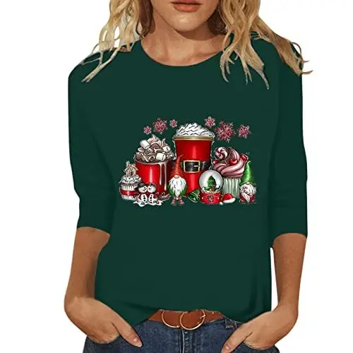 Produktbild: HOOUDO Damen Langarm Oberteil Christmas Cup GNOME Druck Rundhalsausschnitt Ärmel Tops T-Shirt Bluse Netzstoff Oberteil (Green, L)