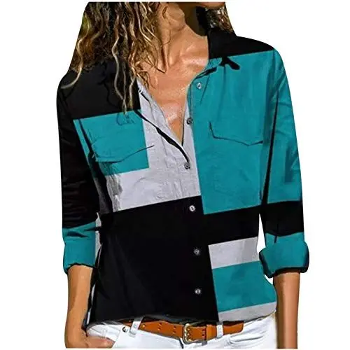 Produktbild: HOOUDO Damen Langarm Oberteil Reversknopf Hemd Langarmbluse Shirt Stehkragen Damen Lockeres und bequemes, lässiges, Elegantes Hemd in Übergröße