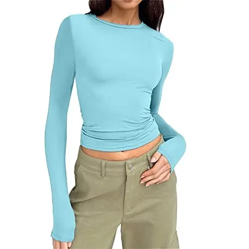Produktbild: HOOUDO Damen Langarm Oberteil T-Shirt Basic Solid Eng Slim Fit Cropped Shirt Workout Yoga Neon Schmuck (Light Blue, M)