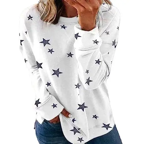 Produktbild: HOOUDO Damen Langarm Oberteil Und Amerikanischen Lose Große Größe Lange Ärmeln T-Shirt Stern Druck Pullover Damen Pullover