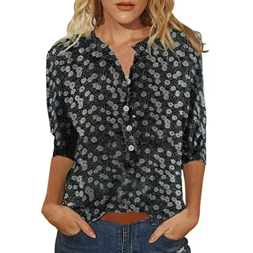 Produktbild: HOOUDO Damen Langarmshirt Rundhals Oberteile Blusendruckshirts lässige mittlere Mode Damenbluse T Shirt Gelb (Black, S)