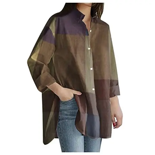 Produktbild: HOOUDO Damen Langarmshirt Rundhals Oberteile Damen Plus Size Shirt Long Top Damenbluse V Shirt Herren (Khaki, L)
