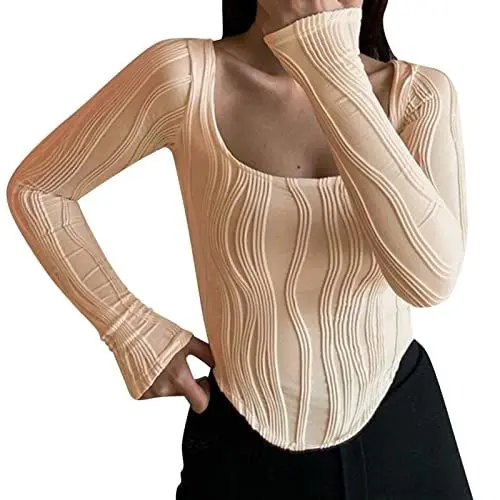 Produktbild: HOOUDO Damen Oberteile Elegant Frauen Tiefer U-Ausschnitt Langarm Wrap Slim Fit Lässige Crop Tops Bluse Umstandsmode Hose