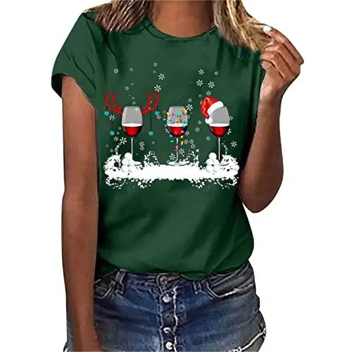 Produktbild: HOOUDO Damen Oberteile Elegant Frauen Weihnachten Weinglas Schneeflocken Geweih Druck O Hals Kurzarm Lose T Shirt Bluse Tops T Shirt 3/4 Arm Damen