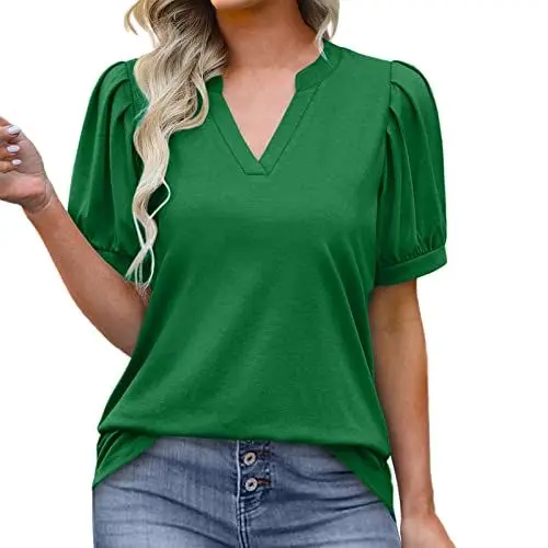 Produktbild: HOOUDO Damen Oberteile Sommer Elegant Damen Plissee Puffärmel Tops Sommer V-Ausschnitt T-Shirts Lose Blusen Elegant Casual Strumpfhose