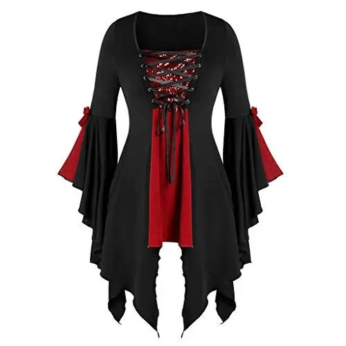 Produktbild: HOOUDO Damen Retro Mittelalter Kleid Frauen Halloween Gothic Pailletteneinsatz Schmetterling Ärmel T-Shirt Tops Wrap Top Damen