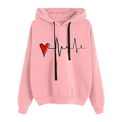 Produktbild: HOOUDO Damen Sweatshirt Langarm lässiges, Dickes, langärmliges Top mit Kordelzug Hausjacke (Pink, XXL)