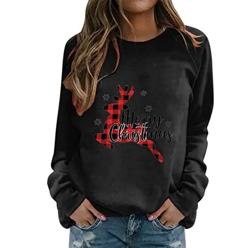 Produktbild: HOOUDO Damen Sweatshirt Rundhals-Pullover-Tops Lässige Langarm-Trainingshemden Lockere Bluse Ledermantel Herren (Black, M)