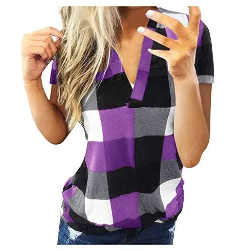 Produktbild: HOOUDO Damen Top Elegant Damen Casual Baumwolle Kurzarm Kariertes Hemd Damen Slim Jacket Shirt Top Shirts Damen Sommer