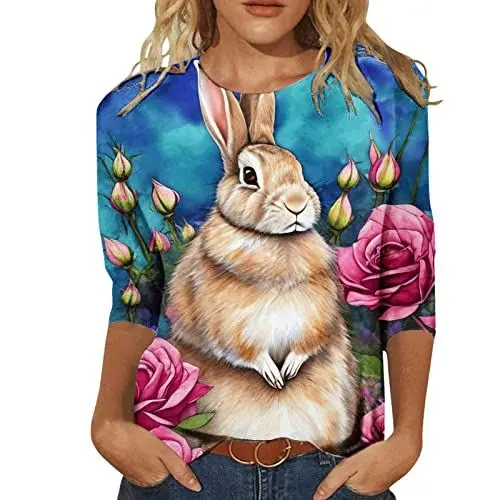 Produktbild: HOOUDO Damen Top Elegant Damen Modetrend Damen Ärmel Bedruckt Cartoon Osterhase Tshirt Top Damenbluse Schwarz Elegant