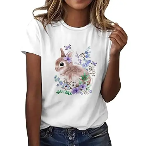 Produktbild: HOOUDO Damen Top Elegant Frauen Casual Frohe Ostern Bedrucktes T-Shirt Kurzarm Rundhals Lose Top Firmenfeier