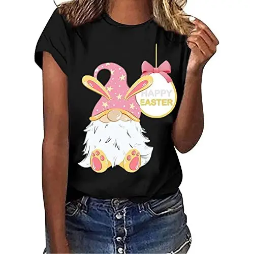 Produktbild: HOOUDO Damen Top Elegant Frauen Casual Frohe Ostern Bedrucktes T-Shirt Kurzarm Rundhals Lose Top Pullover Regenbogen Damen