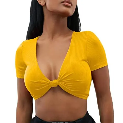 Produktbild: HOOUDO Damen Top Elegant Frauen V-Ausschnitt Sexy Tops Shirt Einfarbiges Kurzarmhemd Geknotet Cropped Navel Slim Fit Top Bluse Langarmshirt Damen Gerippt