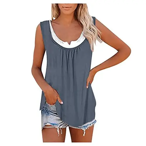 Produktbild: HOOUDO Damen Top Elegant Hemden Zweiteilige gefälschte Gelegenheits-T-Shirt ärmellose Sommerdrucke für Frauen Töpfe für Frauen Ohrringe Neon