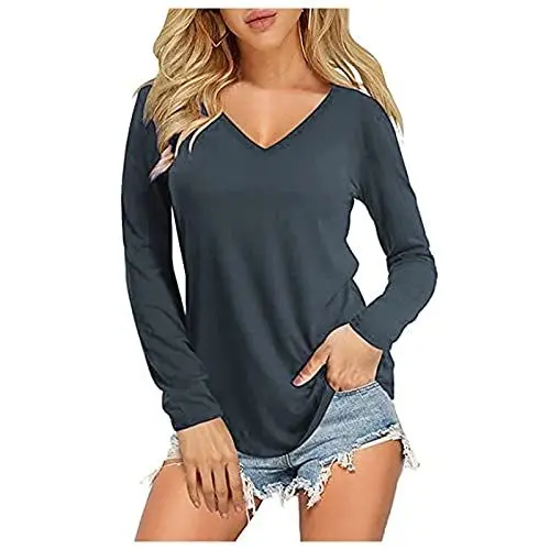 Produktbild: HOOUDO Damen Top Elegant Lose Lange Frauen Farbe V-Ausschnitt Mode Casual Top Lady Bluse Solid Sleeve Damenbluse Tanktop Damen Set